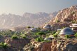 A mountain peak covered in various buildings, creating a unique and dynamic skyline, Terraformed Martian landscape with settlements and greenery, AI Generated