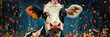 There is a cow with a pink wig on its head,A black and white cow with a party hat sitting o e
