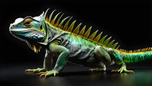 A Pet Animal Iguana On A Black Background. Green Iguana. Iguana Illustration. Green Iguana On A Black Background