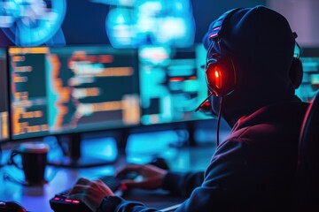 Poster - a man wearing headphones and a hoodie sits in front of a computer, engrossed in his work, the confli