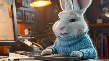 White Rabbit Using Computer At Desk. Cozy Home Environment With Pet In Sweater.