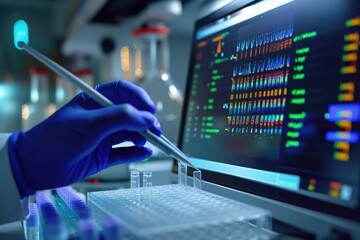 Poster - a person wearing lab attire holds a pipe while standing in front of a computer screen in a laborator
