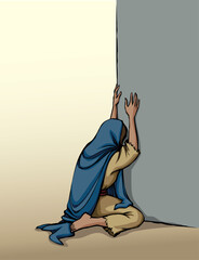 Poster - Vector drawing. Woman crying at the wall