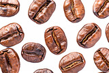 Fototapeta Mapy - A scatter of roasted coffee beans on a white background