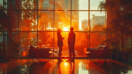 Businesswoman talking with a male colleague in an office lobby. Two businessmen discussing in the office lounge.