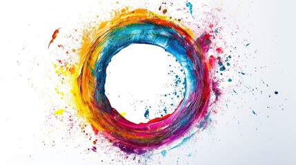 Poster - Vibrant splashes of rainbow colors form an artistic brush paint design, encapsulated within a round frame