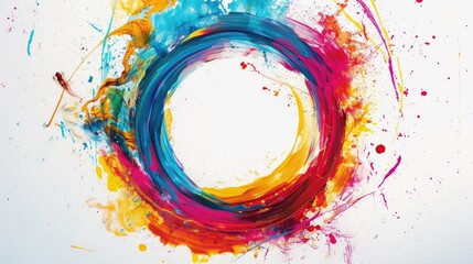 Poster - Vibrant splashes of rainbow colors form an artistic brush paint design, encapsulated within a round frame