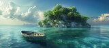 Fototapeta  - A small boat peacefully floats on the calm waters surrounding an isolated tropical island. The lush vegetation of the unpopulated isle can be seen in the background, with a coral reef encircling the