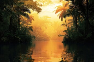 Wall Mural - A detailed painting depicting a winding river flowing through a landscape filled with lush palm trees, Tropical river with animal silhouettes in the rainforest, AI Generated