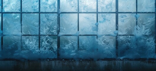 Wall Mural - Intricately formed frost patterns grace a calming blue background, creating a mesmerizing winter tableau