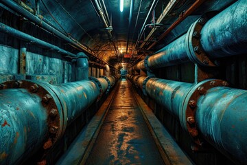 Poster - A dimly lit, underground tunnel showcasing an intricate network of pipes and conduits, Underground labyrinth of industrial pipelines, AI Generated