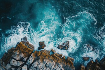 Poster - This aerial photograph captures the expansive ocean and rugged rocks along the coastline, Unique aerial depiction of the rocky ripple caused by the rough sea, AI Generated