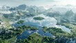 An untouched nature hosts a lake shaped like the world's continents--a powerful metaphor for ecological travel, conservation, climate change, and the fragility of nature. 3D rendering.