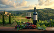 A bottle of red wine, blank label, with glass of red wine on a wooden table with bunches of grapes and on the background vineyards and hills. Natural soft and warm lighting