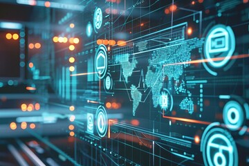 Poster - A digital screen featuring a detailed world map, displaying continents, countries, and geographic features, Various cybersecurity tools in a digital space, AI Generated