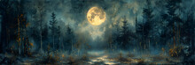 Dark Fantasy Forest. River In The Forest With Stones On The Shore. Moonlight, 
A Painting Of A Path Through A Dark Forest 3d
