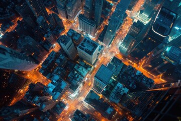  An overhead shot of a bustling city illuminated by the lights of its buildings and streets during the nighttime, View of a city transitioning from day to night from above, AI Generated