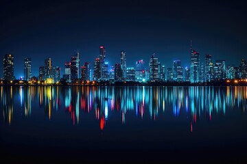 Wall Mural - A Majestic City Skyline Illuminated at Night, View of a city's illuminated skyline reflecting in a lake, AI Generated