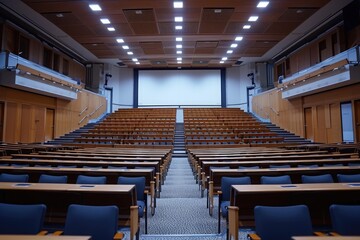 Poster - A lecture hall filled with rows of chairs facing a projector screen, where a presentation is taking place, View of a spacious empty lecture hall in a prestigious university, AI Generated