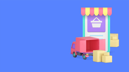 Poster - Shopping order delivery marketplace smartphone application banner copy space 3d icon vector