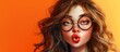 A digital painting featuring a lively charming girl with wavy hair wearing glasses. She is making a funny face by pouting her lips while standing against a bright orange background.