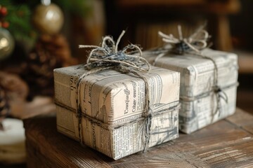 Poster - Two festive wrapped presents are placed neatly on a table next to a beautifully decorated Christmas tree, Vintage-style gift boxes covered with newspaper print wrapping paper, AI Generated