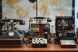 © Iftikhar alam - Collection of Antique Telephones on a Table, Virtual assistant devices from different eras blending old and new technology, AI Generated