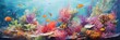 A vivid representation of a lively coral reef with tropical fish swimming among the corals