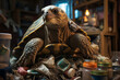 turtle stuck in household rubbish.