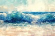 A powerful wave crashes onto a sandy shore in this stunning painting, capturing the dynamic energy of the ocean meeting the land, Watercolor style picture of ocean waves, AI Generated