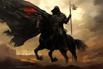 Wall Mural - cloaked man rinding a black horse waving a flag with some kind of symbol, digital art style