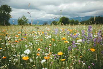 Sticker - A vivid and vibrant field full of colorful wildflowers stretches out underneath a sky filled with clouds, Wildflower meadow wedding in Spring, AI Generated