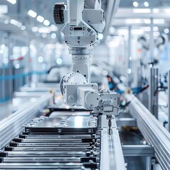 A robotic arm operates with meticulous precision on an assembly line, showcasing the synergy between automation and modern manufacturing. The image reflects the cutting-edge of industrial technology