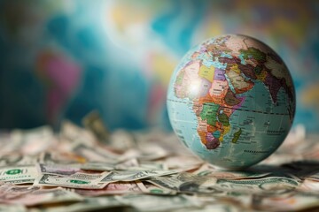 Poster - A globe is placed on a pile of money, symbolizing global economic prosperity, World globe with various currencies floating around it, AI Generated