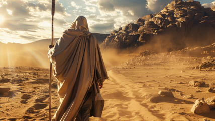 Lone figure journeys through desert expanse, walking towards dramatic mountain landscape.