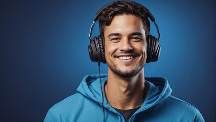 Wall Mural - smiling man wearing hoodie, wearing headset on blue background