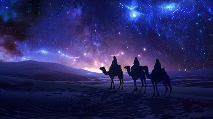 three wise men on camels in desert with the star lights