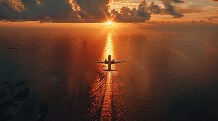 Canvas Print - Airplane in flight against a breathtaking sunset, amidst a dramatic cloudscape.