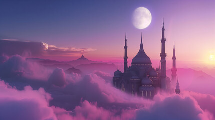 Wall Mural - islamic mosque in the sky with the moon and clouds. ramadan kareem background