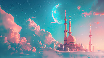 Wall Mural - islamic mosque in the sky with the moon and clouds. ramadan kareem background