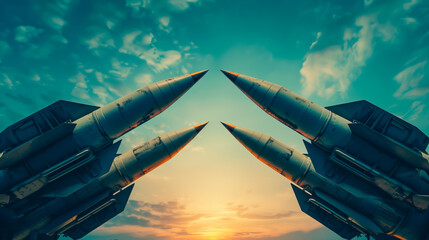 Two rockets or missiles launching into dramatic cloudy sky at dusk. Concept of war and conflict or arms race.