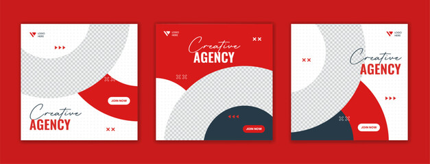 Wall Mural - Red geometric round corporate social media post design template. set of business marketing agency layout