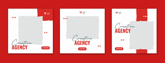 Wall Mural - Red corporate social media post template set. Business creative agency square design. Editable advertising layout