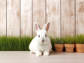 A white rabbit sits on a wooden floor near green grass against the background of a wall of panels.