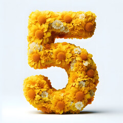 Number 5 is made of real natural Yellow flowers, Isolated on a white background, flower font concept, Creative Numbers