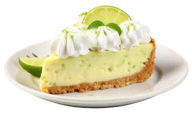 A single slice of key lime pie sits on a clean white plate. The pie is a vibrant green color with a graham cracker crust.