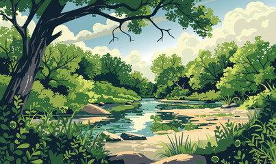 Wall Mural - Vector illustration of a beautiful river scenery. Sunny summer day