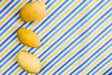 Wall Mural - Three ripe mangoes atop a vibrant, diagonal blue and yellow striped background, ideal for summer-themed designs with copy space