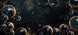 Abstract background with dark glossy rainbow colored bubbles on black, floating and flying bubbles with golden flashes, AI generated