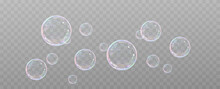 Realistic Soap Bubbles.Flying Bubbles On A Transparent Background.	